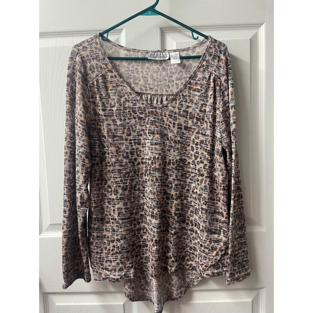 New Directions V Neck Stretch Top Womens Large Tiger Print Long Sleeved